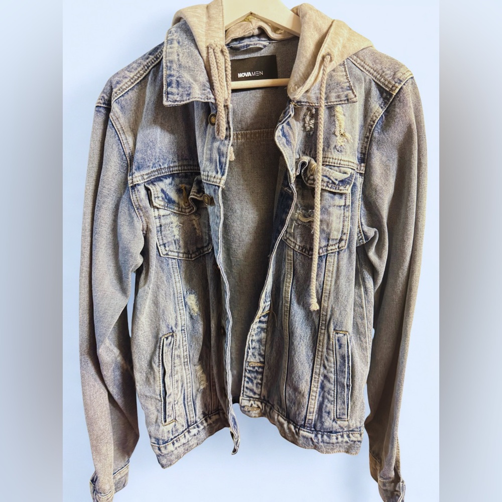 HOURMEN Mens Distressed Denim Jacket With Hood Blue Jean Trucker Style
